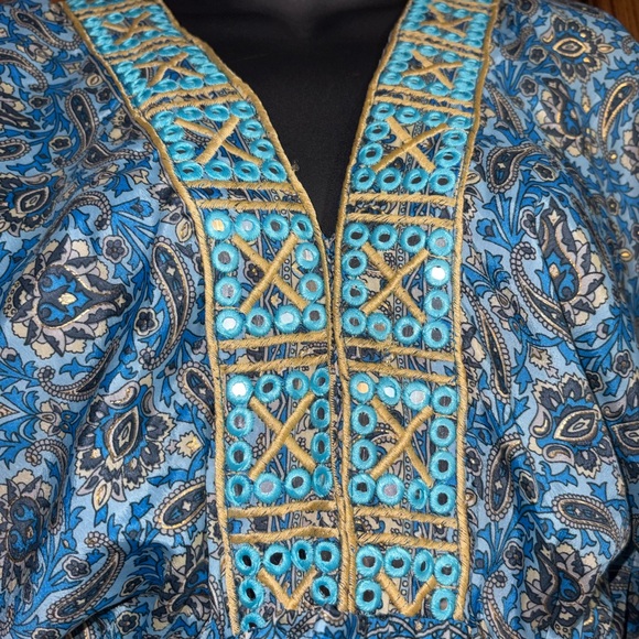 boho-style paisley print maxi dress V-neckline bell sleeves xl blue women - Picture 7 of 12